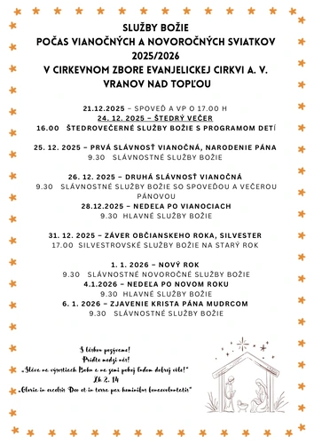 Rozpis služieb Božích počas vianočných a novoročných sviatkov 2025/2026