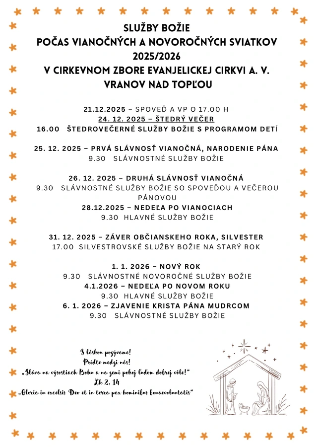 Rozpis služieb Božích počas vianočných a novoročných sviatkov 2025/2026